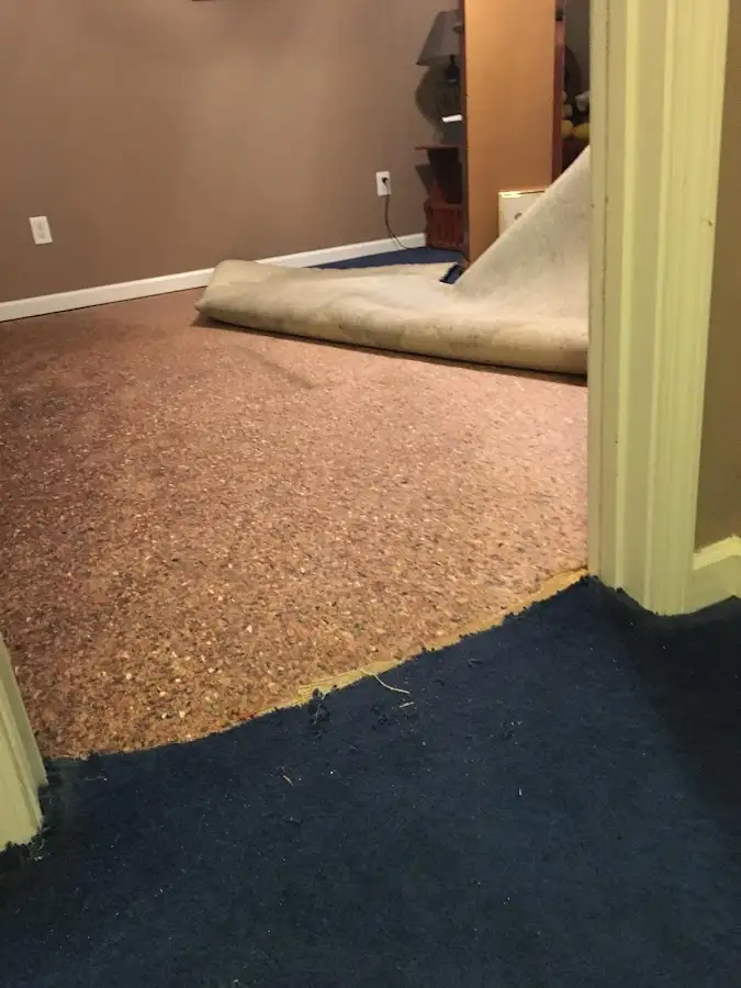 Carpet pad removal revealing water damage during Drying & Dehumidification in Peachtree Corners